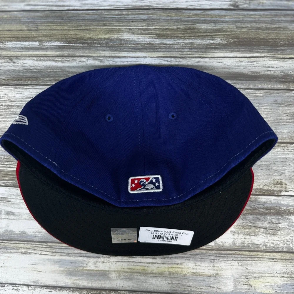 OKC 89ers Abner‎ New Era 59FIFTY MiLB Mens Fitted Hat Size 7 Red White Blue NEW